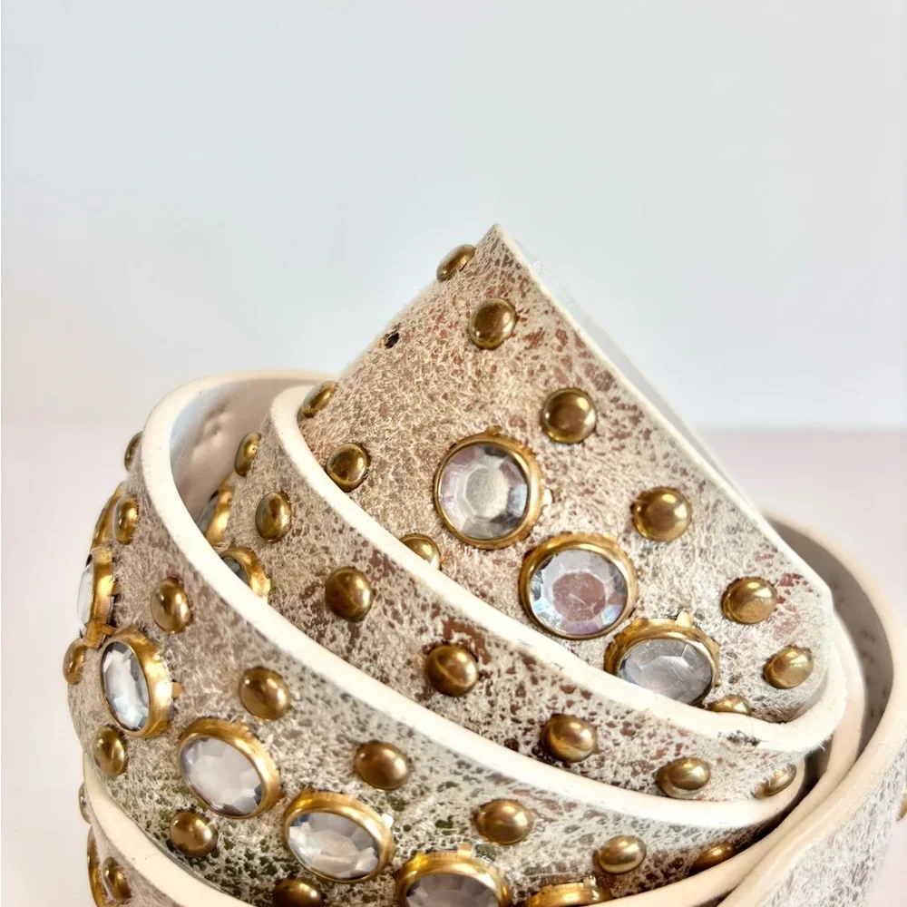 Vintage White and Gold Belt Studded and Crystals with Gold Buckle